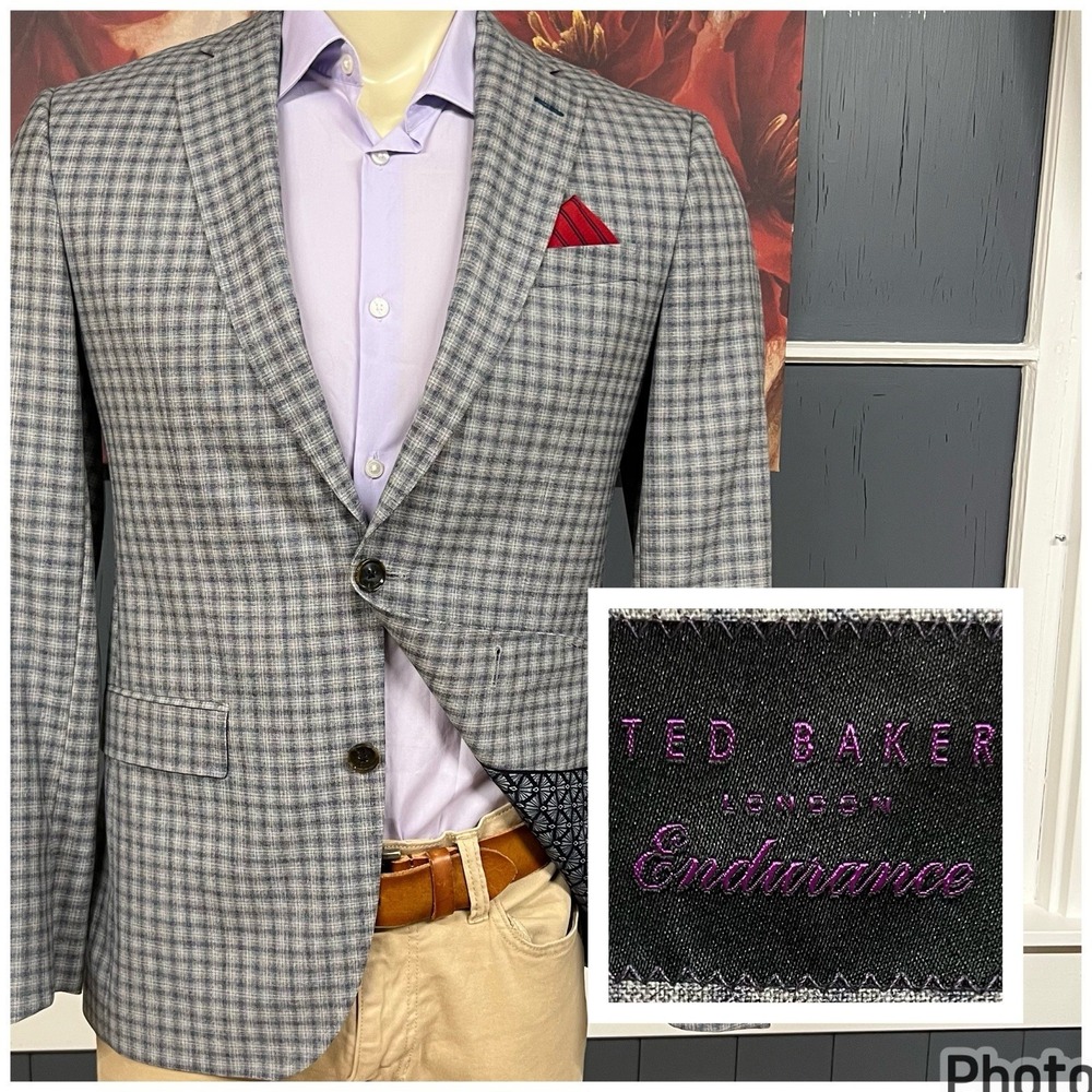 Ted Baker Blazer Jacket Sport Coat Mens 38R Standard Fit Wool Gray/Blue